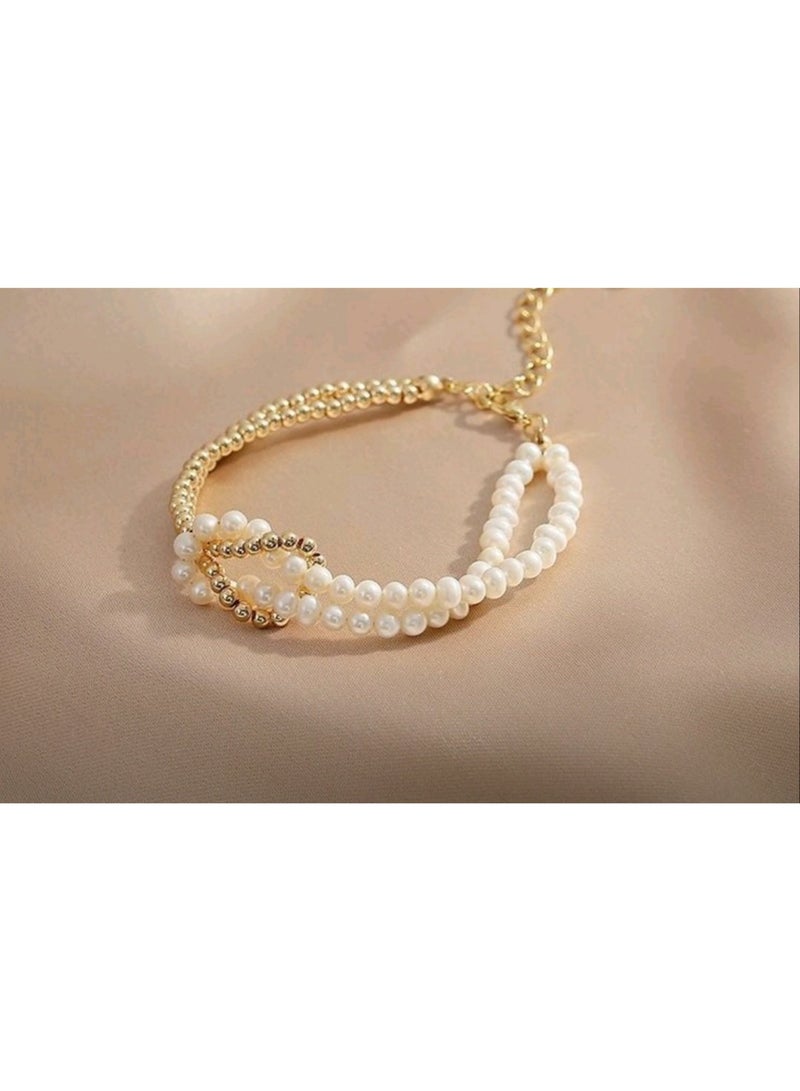 RA accessories Women's Bracelet Of Off-White Pearls With Golden chain - Image 1